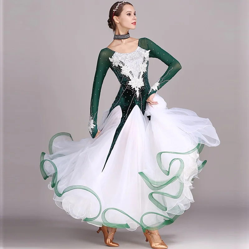green rhinestones Ballroom dance competition dress standard dresses