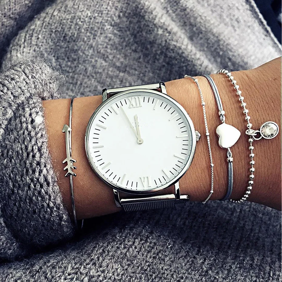 

4pcs/set Small Pendant Arrows Heart Crystal Charm Silver Bracelets Bangles For Women Retro String Bracelet Set for Watch