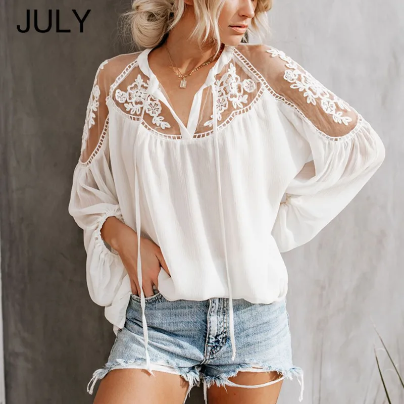 Women Summer Blouse Lace Hollow Out Embroidery Women Blouse Long Sleeve V Neck Casual Loose Shirts Top Female Crochet Blouse