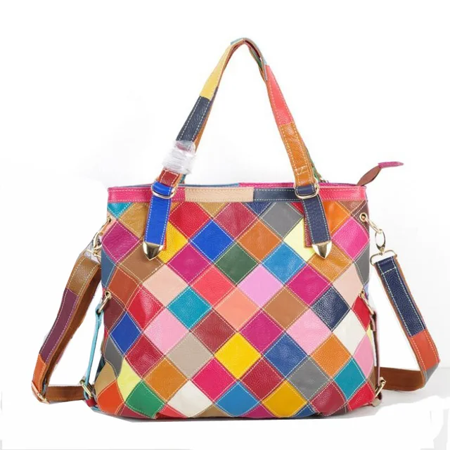 Stylish 100 Genuine Leather Multi Color Patchwork Women Lady Fashion