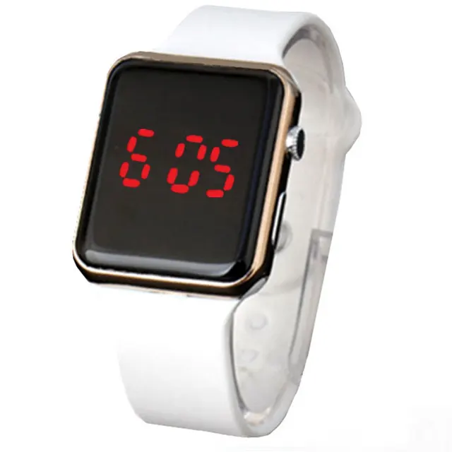 Square Mirror Face Silicone Band Digital Watches Red LED Watch Metal