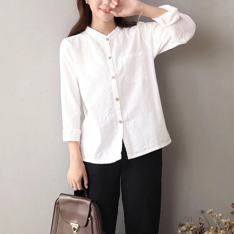 Women cotton linen long sleeve shirt white blue color blouse stand