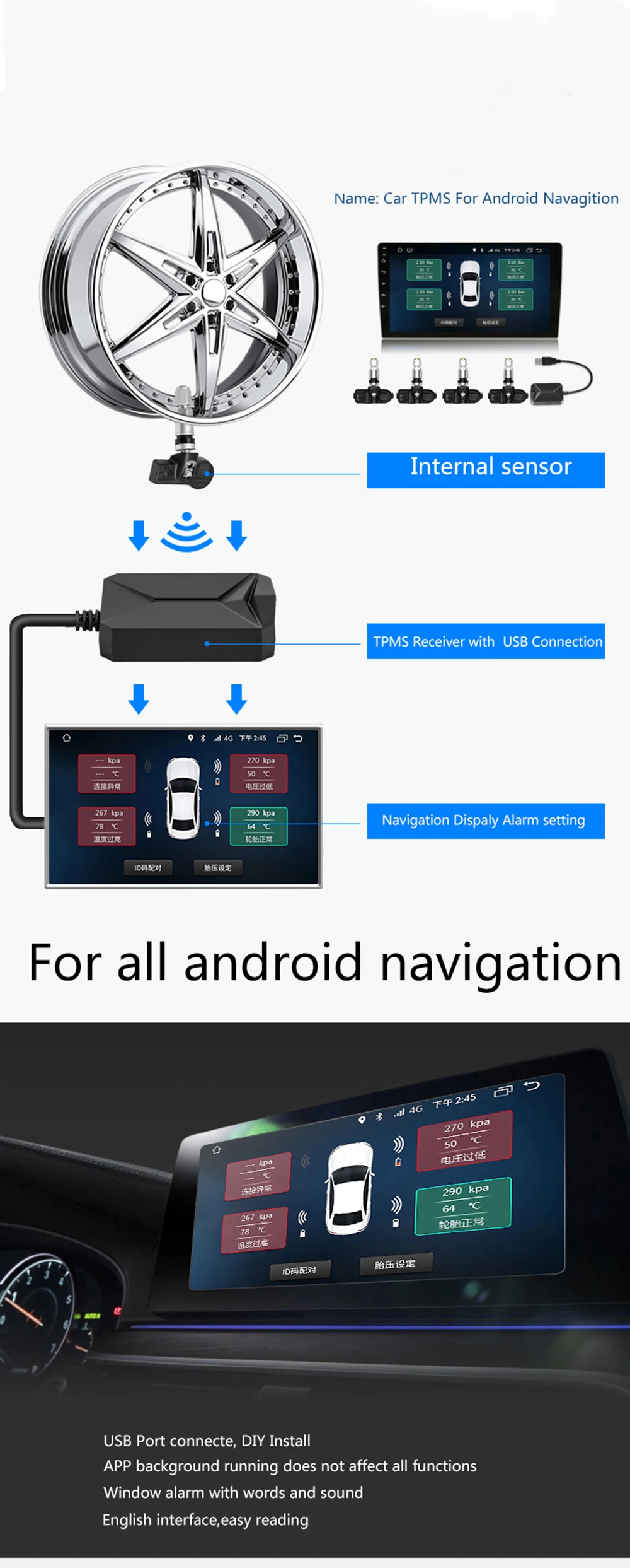 EKIY система контроля давления в шинах TPMS для Android автомобильный DVD Navi USB датчики шин Система мониторинга сигнализации комплект с 4 датчиками