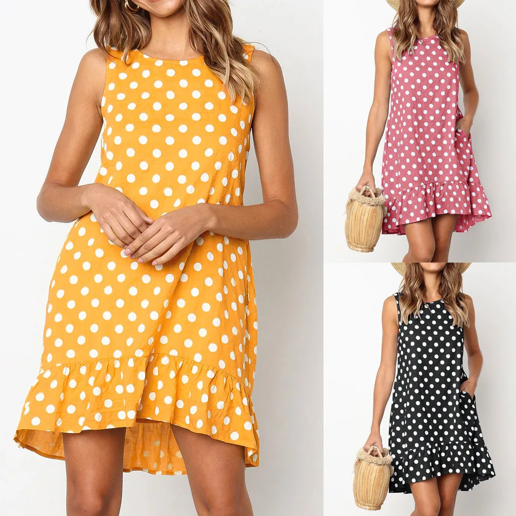 Ladies casual dress fashion dot ruffle mini dress polka dot print