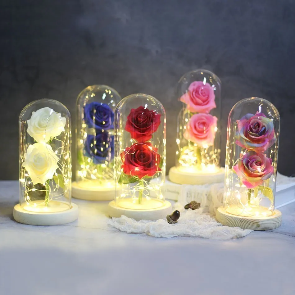 NEW Beauty And Beast Eternal Flower Rose In Flask Wedding Decoration Artificial Flowers In Glass Cover For Valentine's Day Gifts