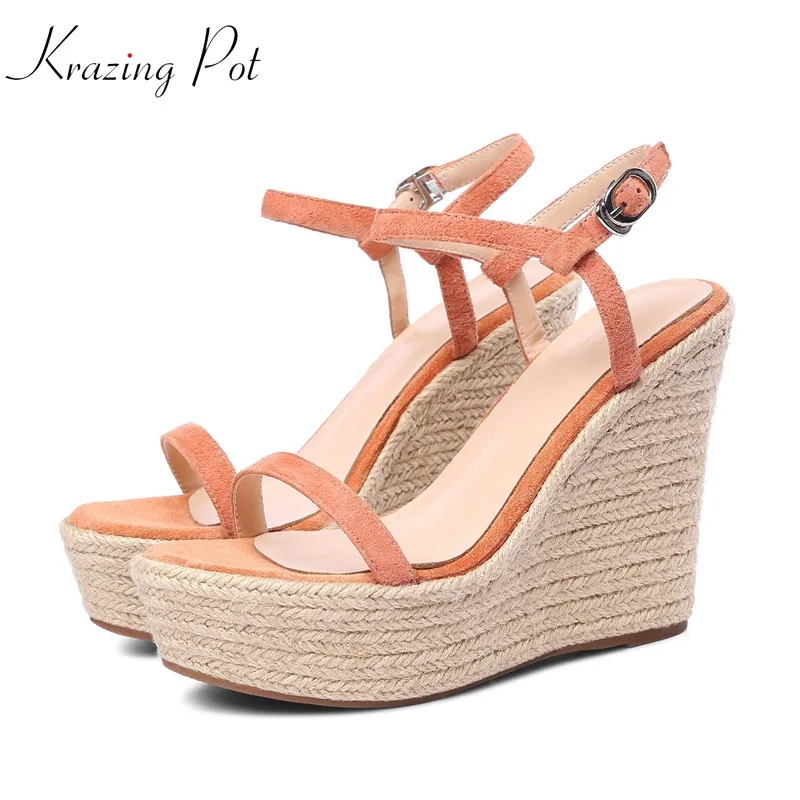 

Krazing pot 2018 new brand summer ankle straps round peep toe women platform sandals wedges super high heels increased shoes L10