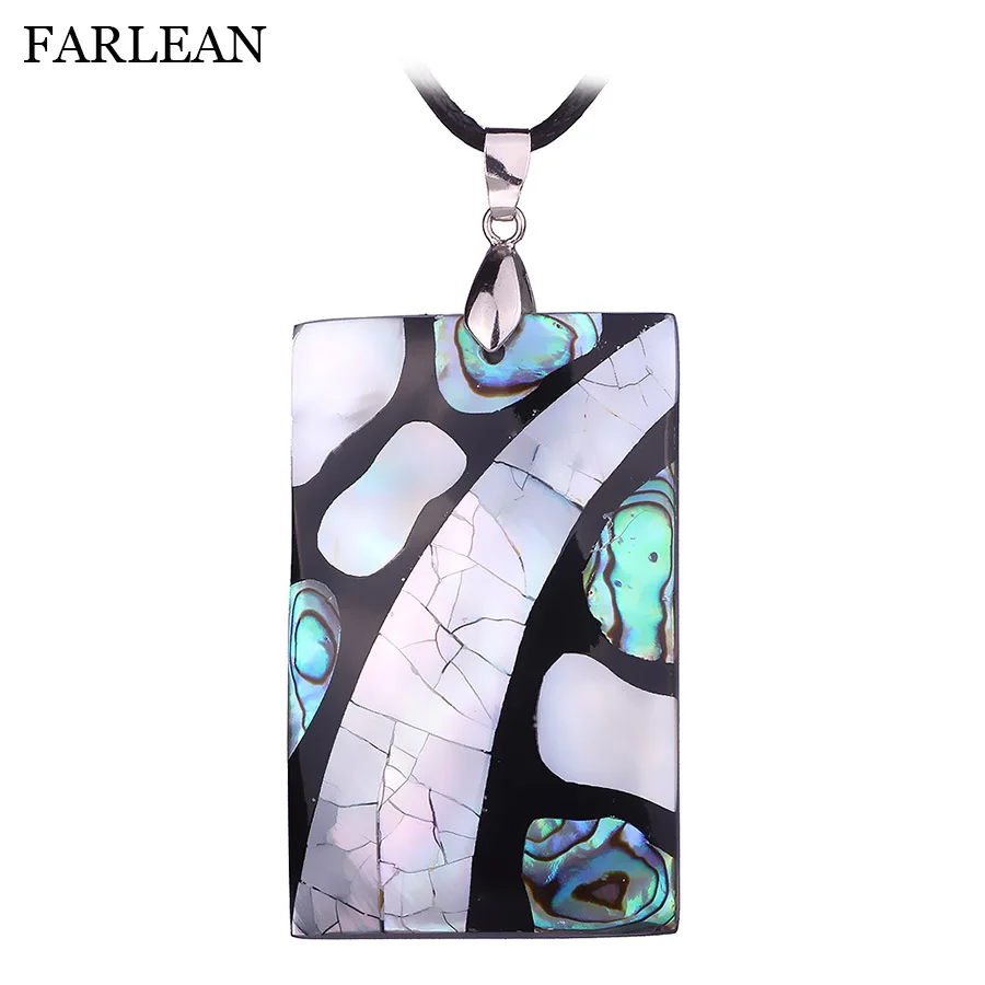 

FARLENA Jewelry Hand-stitched Natural Shell Rectangle Pendant Necklace with Black Wax Rope Unisex Fashion Shell Necklace