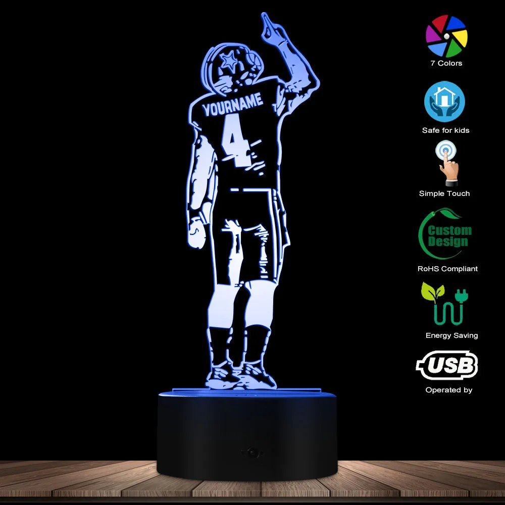كرة القدم الأمريكية لاعب الإبداعية 3D الوهم البصري الجدول مصباح شخصية مخصص اسم لاعب الرجبي Sportman LED ليلة مصباح