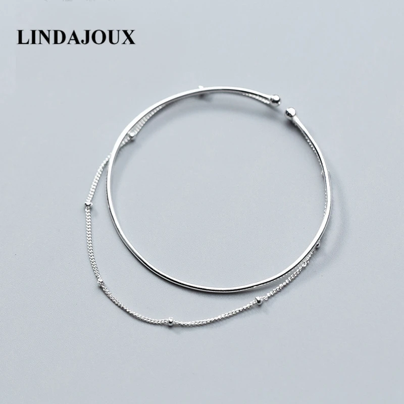 Простой 925 пробы Серебряный двухслойный полированный бисер цепочка браслет на запястье для женщин серебро 925 ювелирные изделия подарок на день рождения девушки