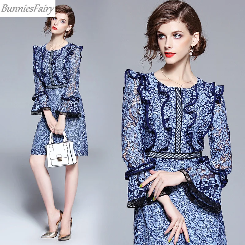 

BunniesFairy 2019 Spring Women Sweet Blue Black Lace Patchwork Ruffles Floral Pencil Dress Knee Length OL Office Lady Work Wear