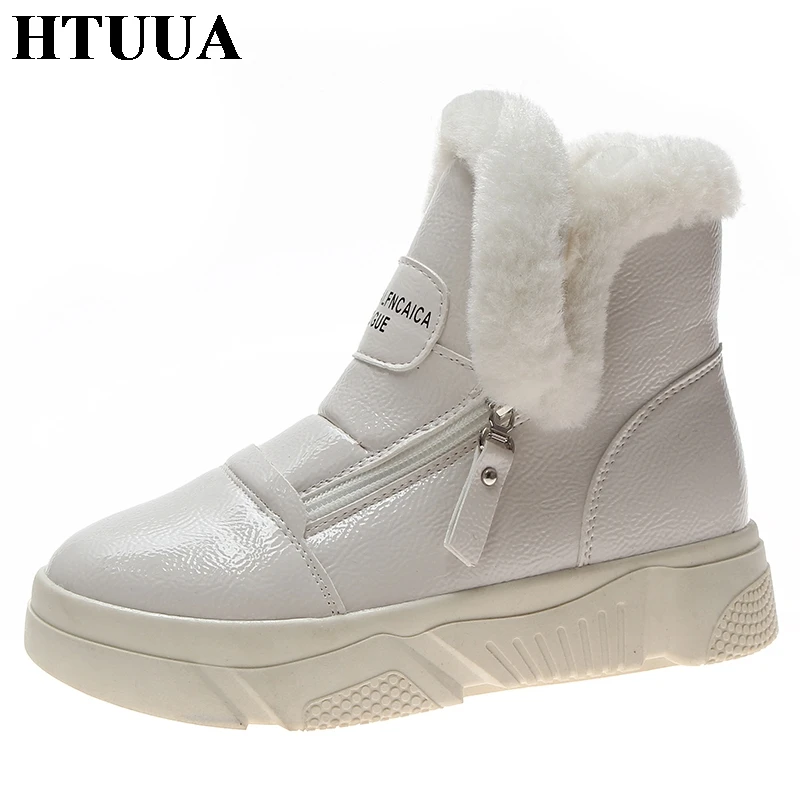 

HTUUA Black White Warm Fur Plush Winter Boots Women Short Ankle Boots Thick Heel Platform Shoes Woman Casual Snow Boots SX1908