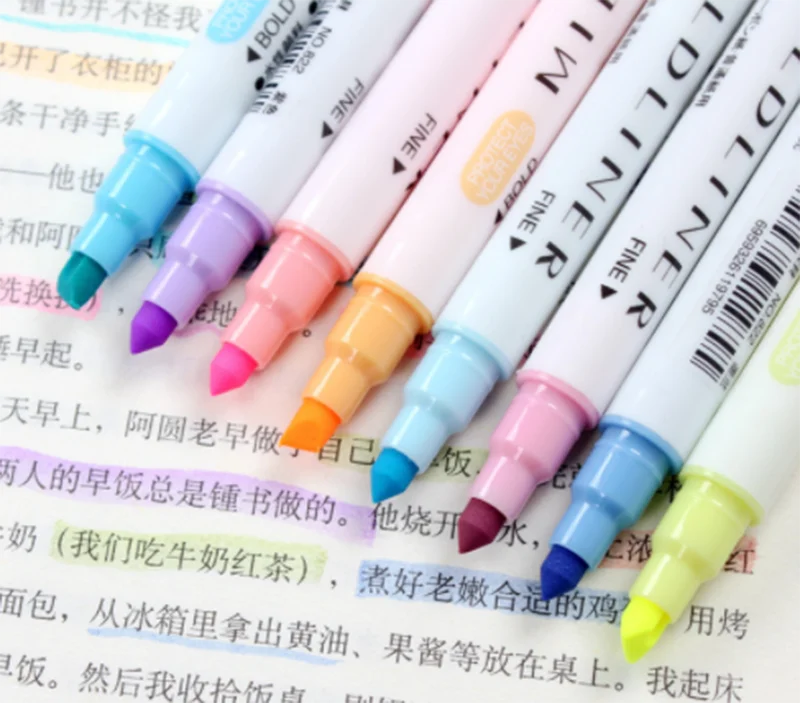 

12 Pcs/Set 12 Colors Paint Mark Highlighter Pen Stationery Double Headed Fluorescent Color Mark Pen Cute Highlighters