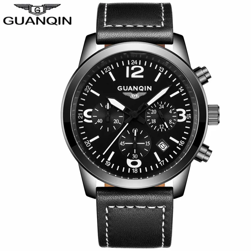 Мужские часы GUANQIN от ведущего бренда класса люкс, мужские военные часы, мужские спортивные наручные часы с кожаным ремешком, кварцевые часы A - Цвет: D