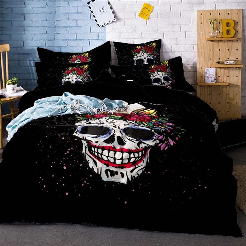 

3D Skull Flowers Bedding Sets With Pillowcas Cartoon Duvet Cover adult Kids 4pc Colorful Bedclothes flat bed sheet Cushion cover