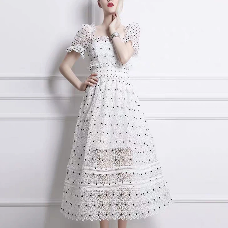 white lace polka dot dress