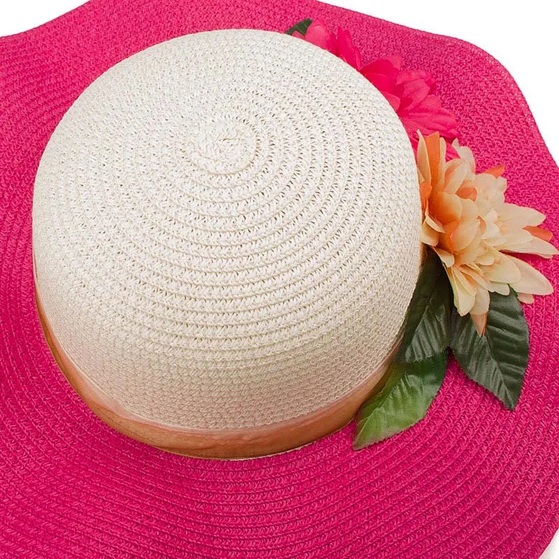Flower Large Brim Floppy Straw Hat Women Contrast Summer Traveling Beach Sun Hats Fashion Leisure Big Brimmed Wavy Caps CP0205 (4)