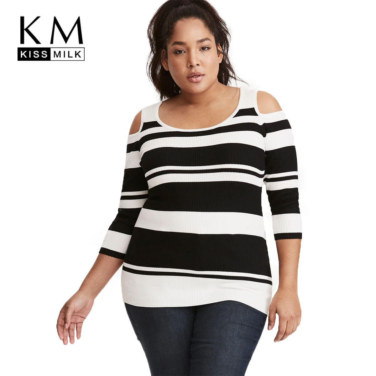 

Kissmilk 2018 Plus Size Casual Women Stripe Sweaters Big Size Hollow Out Skinny Female Clothing Large Size Lady Pullovers Tops