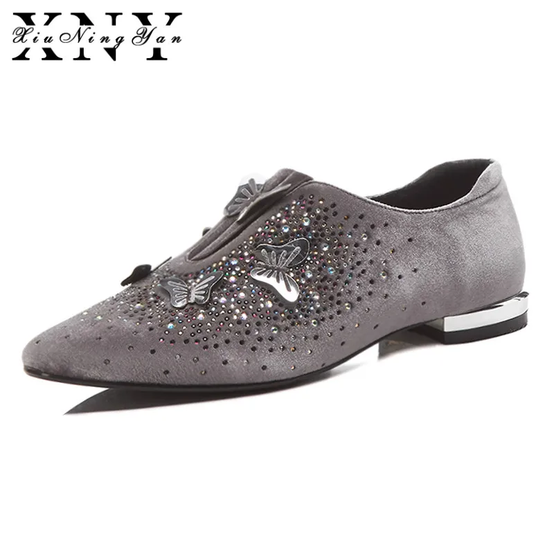 

XiuNingYan Women Basic Flats Genuine Leather Crystal Spring Autumn Handmade Shoes Footwear Casual Flat Shoes Woman Large Size