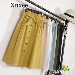 Xnxee лето осень юбки женские 2019 миди до колена корейские на элегантных кнопках Высокая талия юбка женская плиссированная школьная юбка