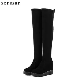 

{Zorssar} women winter boots suede Leather height increasing women shoes high heel Over the knee boots Platform wedges boots