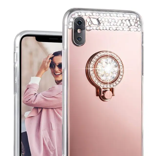 Dir-Maos For iPhone Xs Max Case Xr X 8 7 6 6s Plus 5 5s SE Women Mirror Back Panel Soft Cover Bling Finger Ring Stand Hold Cute