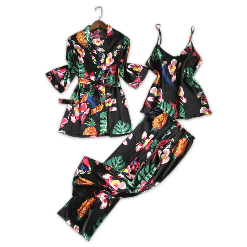 Модные Сатиновые шелковые пижамы с принтом, наборы, женские корейские сексуальные халаты, костюмы из 3 предметов, женские халаты на бретельках, домашние халаты для сна+ топ+ штаны - Цвет: black Floral