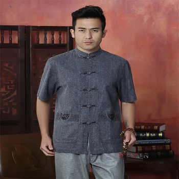 

2015 New Arrival Drak Gray Men's Linen Shirt Top Chinese Novelty Kung Fu Tang Suit With Porket Free Shipping M L XL XXL XXXL