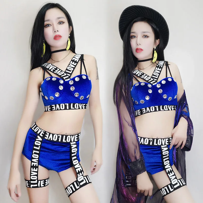 

2017 DJ female singer costume DS sexy jazz cross-dressing diamond suit fashion letter splicing bar hip hop blue dance costume