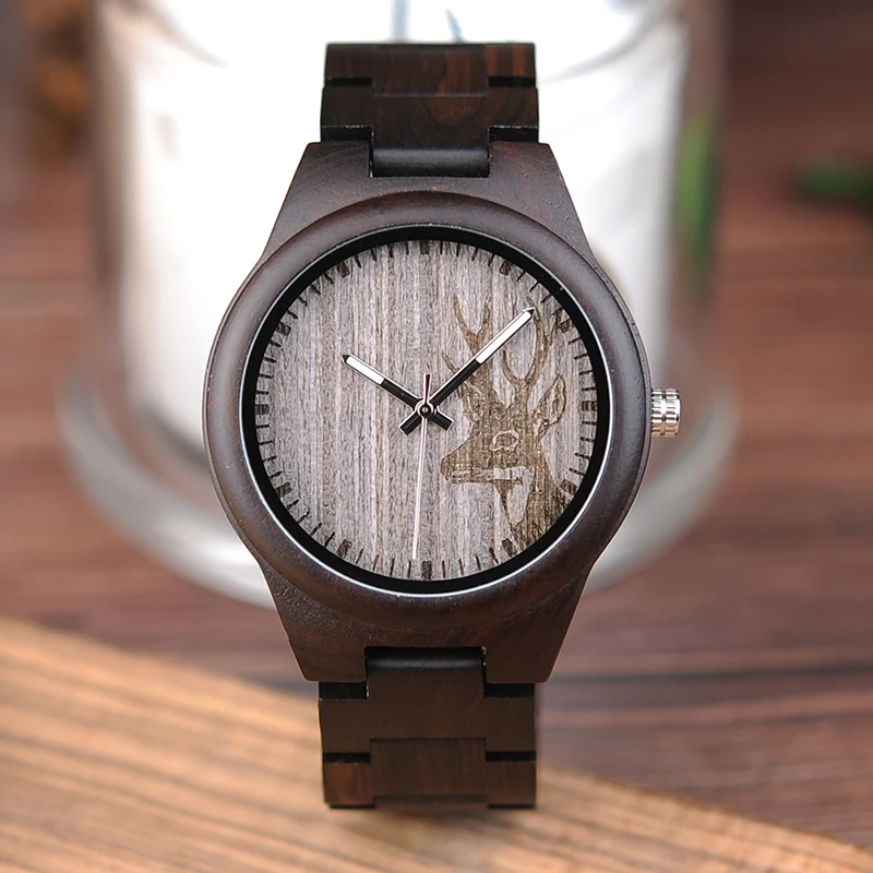BOBO BIRD L-I26 Men's Elk Dial Wooden Watch Ebony Wood Band Japan Quartz Clock for Men in Gift Box OEM