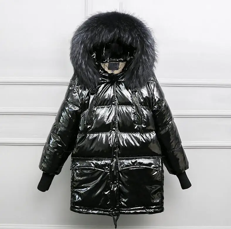 Big Raccoon Fur Collar Hooded Long Wadded Jacket Women's Winter Warm Down Jackets Large Size Loose Glossy Coats Outwear Overcoat - Цвет: Черный