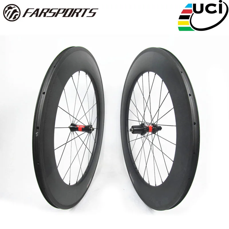 

Farsport FSC88-CM-23 DT240S Tubeless compatible 88mm deep 23mm wide basalt braking surface road bike wheel