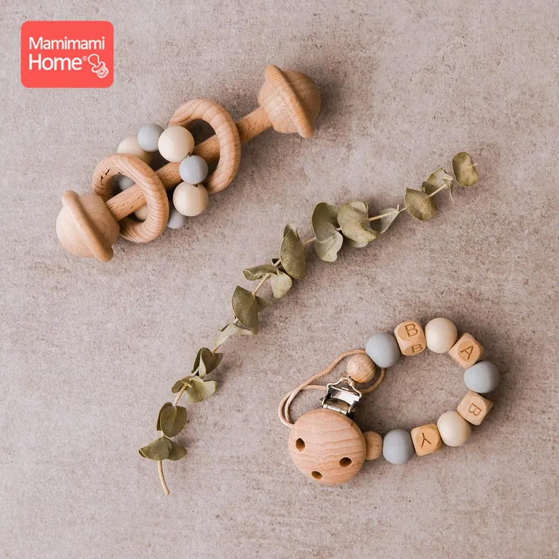 Mamihome 2pc Baby Wooden Teether Rattle Pacifier Clip Chain Bpa Free Beech Rodent Silicone Beads Personalized Name Soother Clasp | Мать и