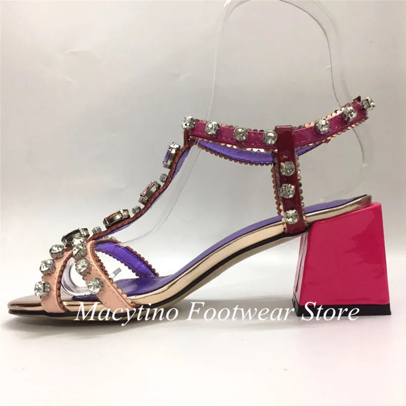 Macytino/босоножки с Т-образным ремешком и пряжкой на лодыжке; босоножки с кристаллами; летняя модная женская обувь из натуральной кожи; Цвет