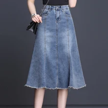 Лето весна корейский стиль женские, с высокой талией кисточкой до середины икры Труба джинсовая юбка женщина s Тонкий Русалка джинсовые юбки