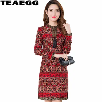 

TEAEGG Autumn Winter Red Dress Plus Size 3XL 4XL Womens Dresses New Arrival 2020 Red Vintgae Dress Long Sleeve Women AL1364