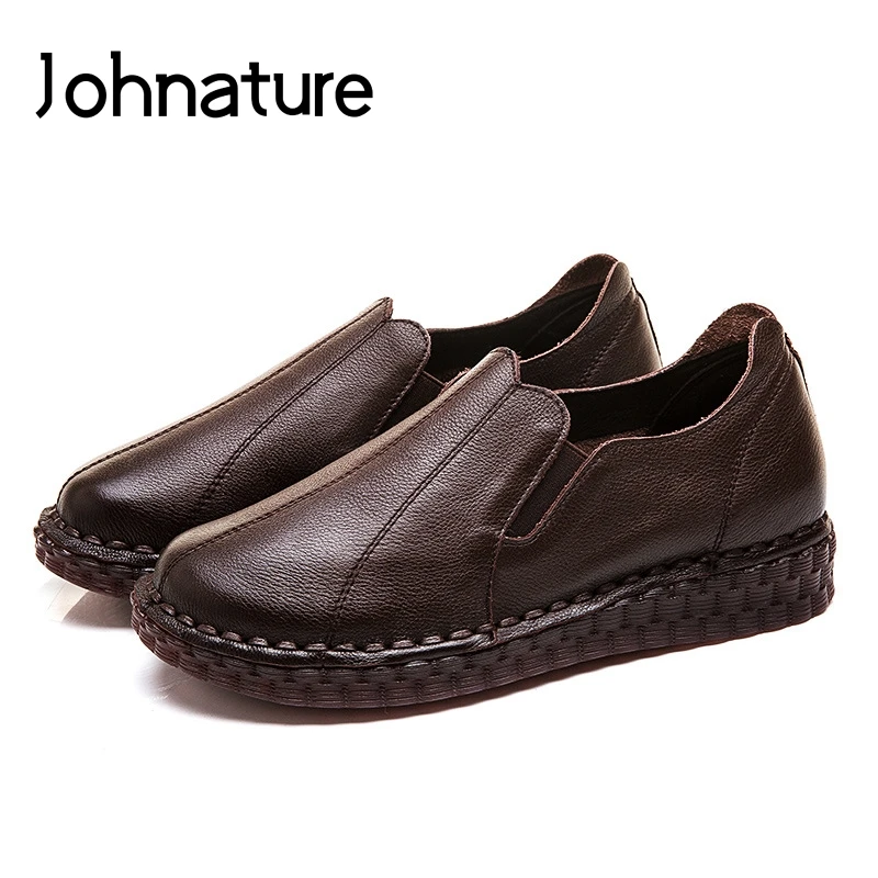 

Johnature 2019 New Spring/autumn Handmade Loafers Women Genuine Leather Comfortable Round Toe Solid Plataform Casual Flat Shoes