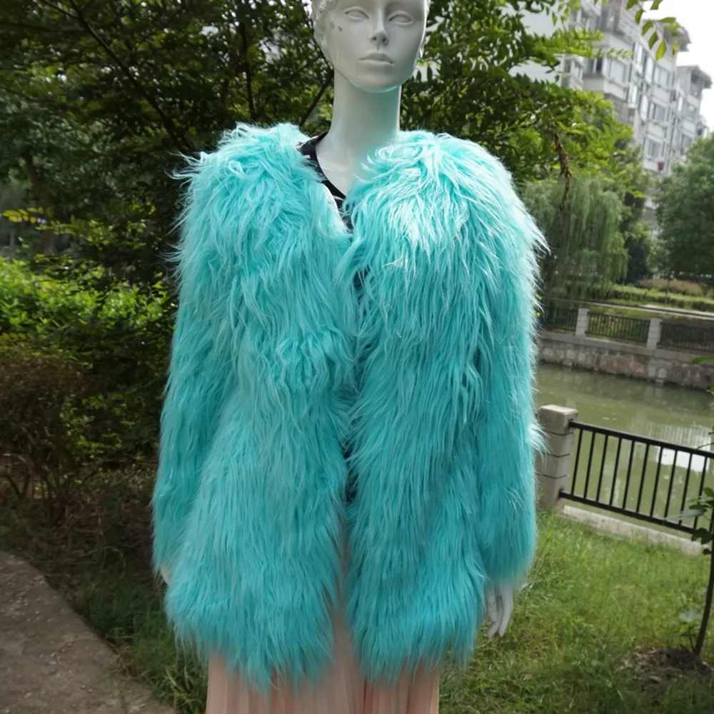 GTGYFF winter shaggy long sleeve solid mint green faux fake fur jacket