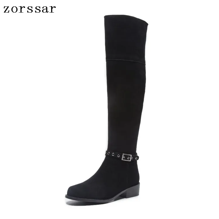 

{Zorssar} Fashion Suede Female Long Boots Winter Fur shoes Nubuck leather Square High Heel women Over The Knee boots Size 33-43