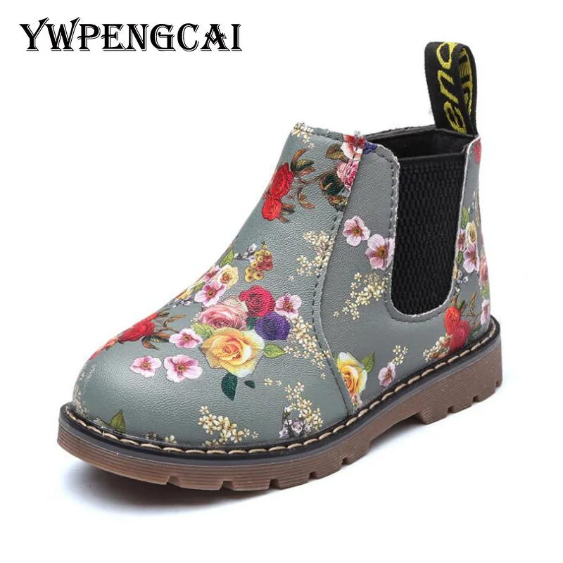 

YWPENGCAI Size 21-36 Girls Printed Flowers Martin Boots Kids PU Leather Rubber Ankle Boots For Girl #7J300436