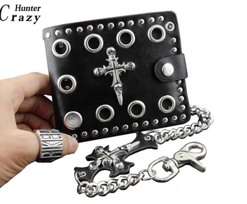 

Men's Rock Punk Skulls Cross Money Black Leather Wallet With A Chain W91