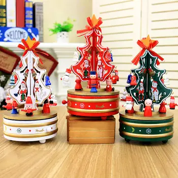 

High Quality Christmas Tree Music Box Cute Snowman Rotate Musicbox DIY Wood Music Box Kids Xmas Gift HG99
