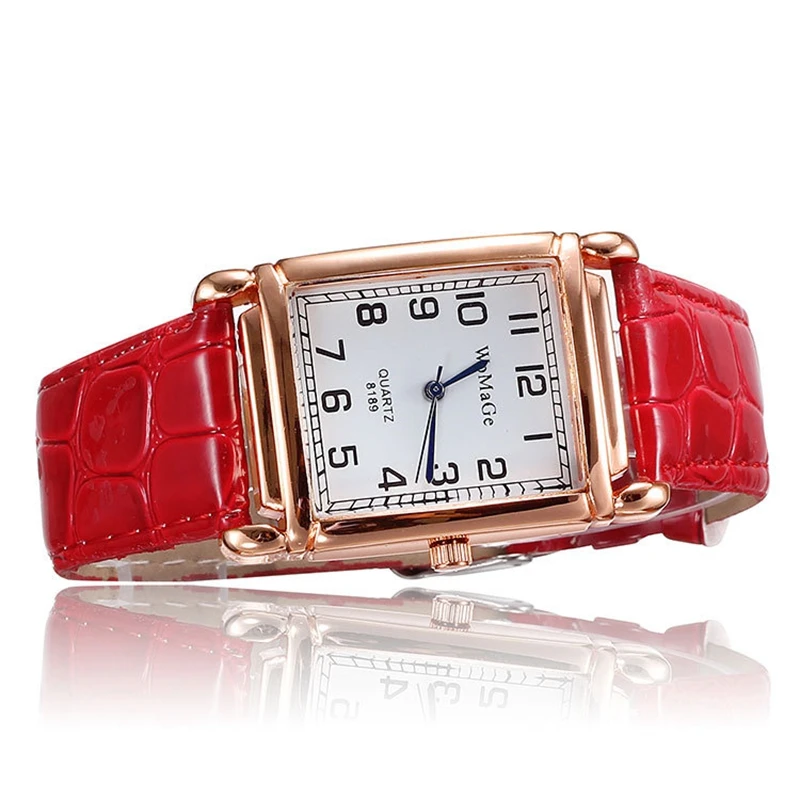 Люксовый бренд, модные часы для женщин, красный кожаный ремешок, наручные часы, квадратный циферблат, кварцевые часы, женские, розовое золото, чехол relojes para mujer