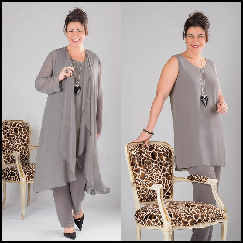 

Elegant Gray Chiffon Mother of the Bride Pant Suits Plus Size with Long Top Plus size