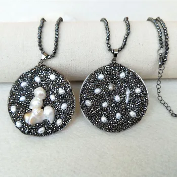 

4 Strands Hematite beads necklace,round shell handcrafted paved pearl and rhinestone charm Pendant Jewelry necklaces NK273