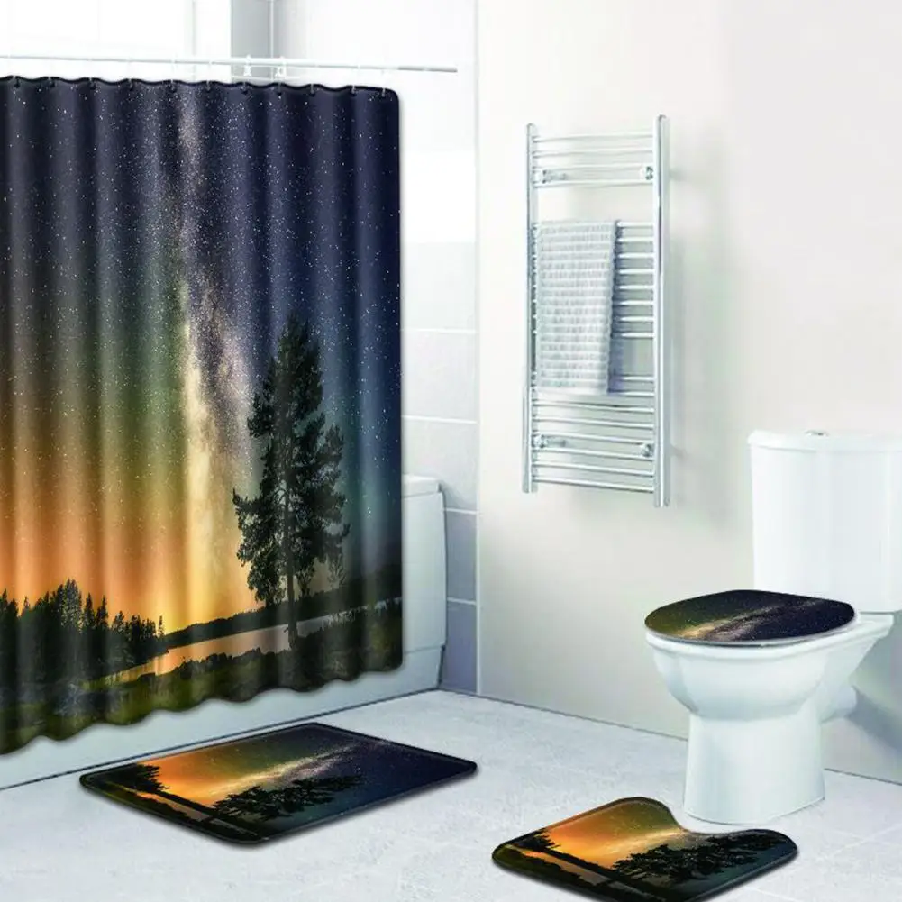 

HobbyLane 4pcs/set Sky Printing Non Slip Toilet Polyester Cover Mat Floor Mat Set Bathroom Shower Curtain Bath Mat Bathroom Suits