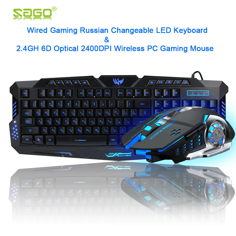 

Russian Game Keyboard Changeable LED with 3 Color Luminous Backlit+2.4GH 6D Optical 2400DPI Wireless PC Gaming Mouse