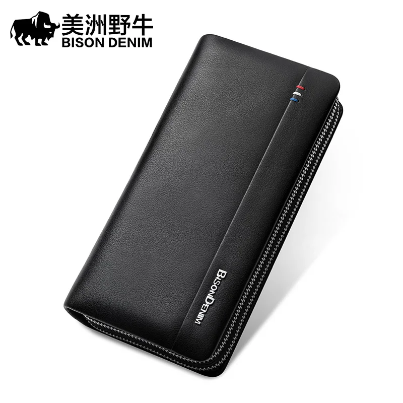 

BISON DENIM luxury brand genuine leather men bag business double zipper large capacity men clutch