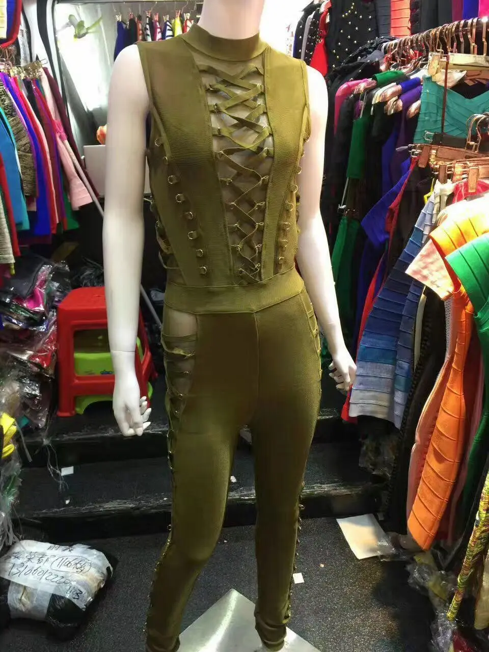 Army Green and Black Color Ladies HL Bandage Jumpsuits Sexy Laced Up