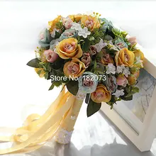 Романтический свадебный букет с robbon искусственных пионов, розового и зеленого цветов; Для женщин Buque De Noiva Свадебные аксессуары платье в цветочек