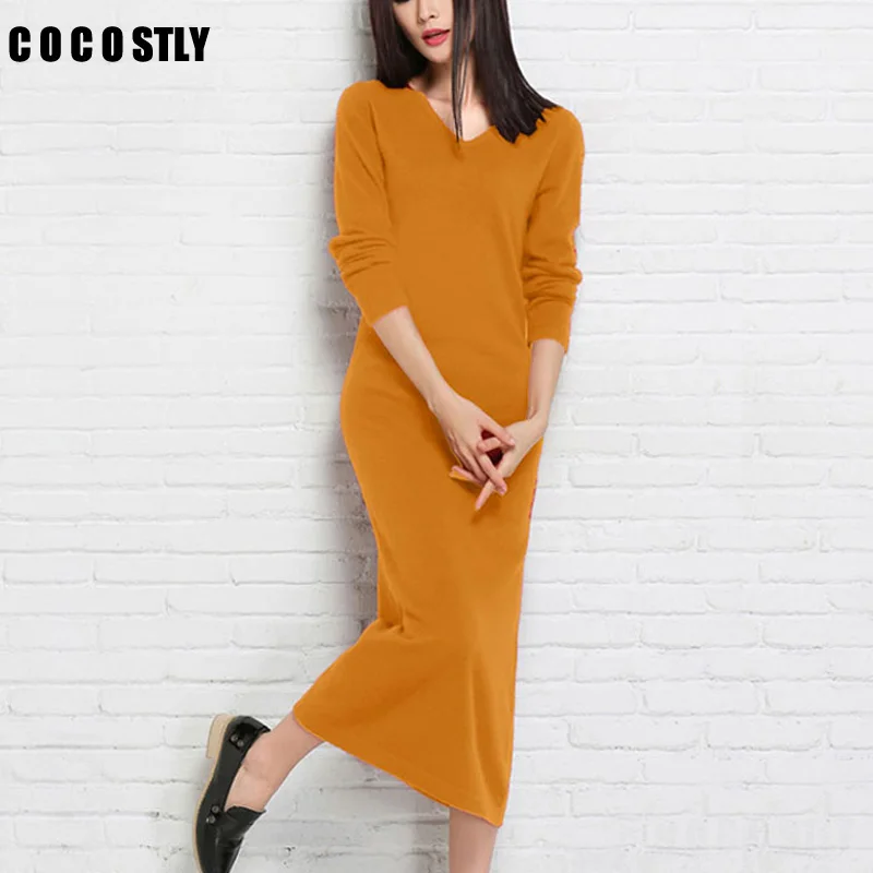 High Quality Winter/autumn Dress Women Cashmere Knitted Pullovers ladies Fashion Dresses Clothing Mid-Calf Sweaters long dress
